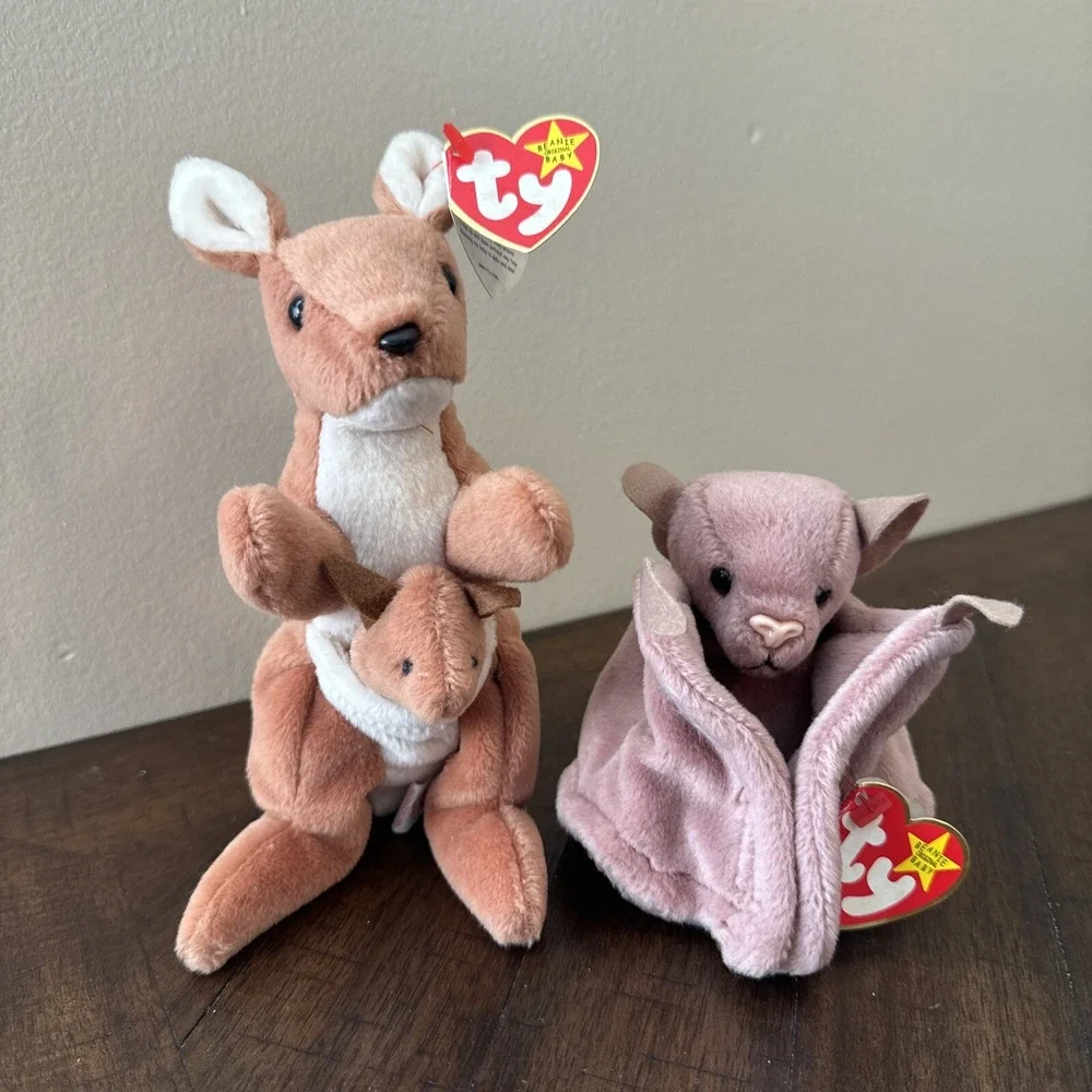 Set Of 2 . Vintage - RARE!!! Ty Batty‎ And Pouch Beanie Babies